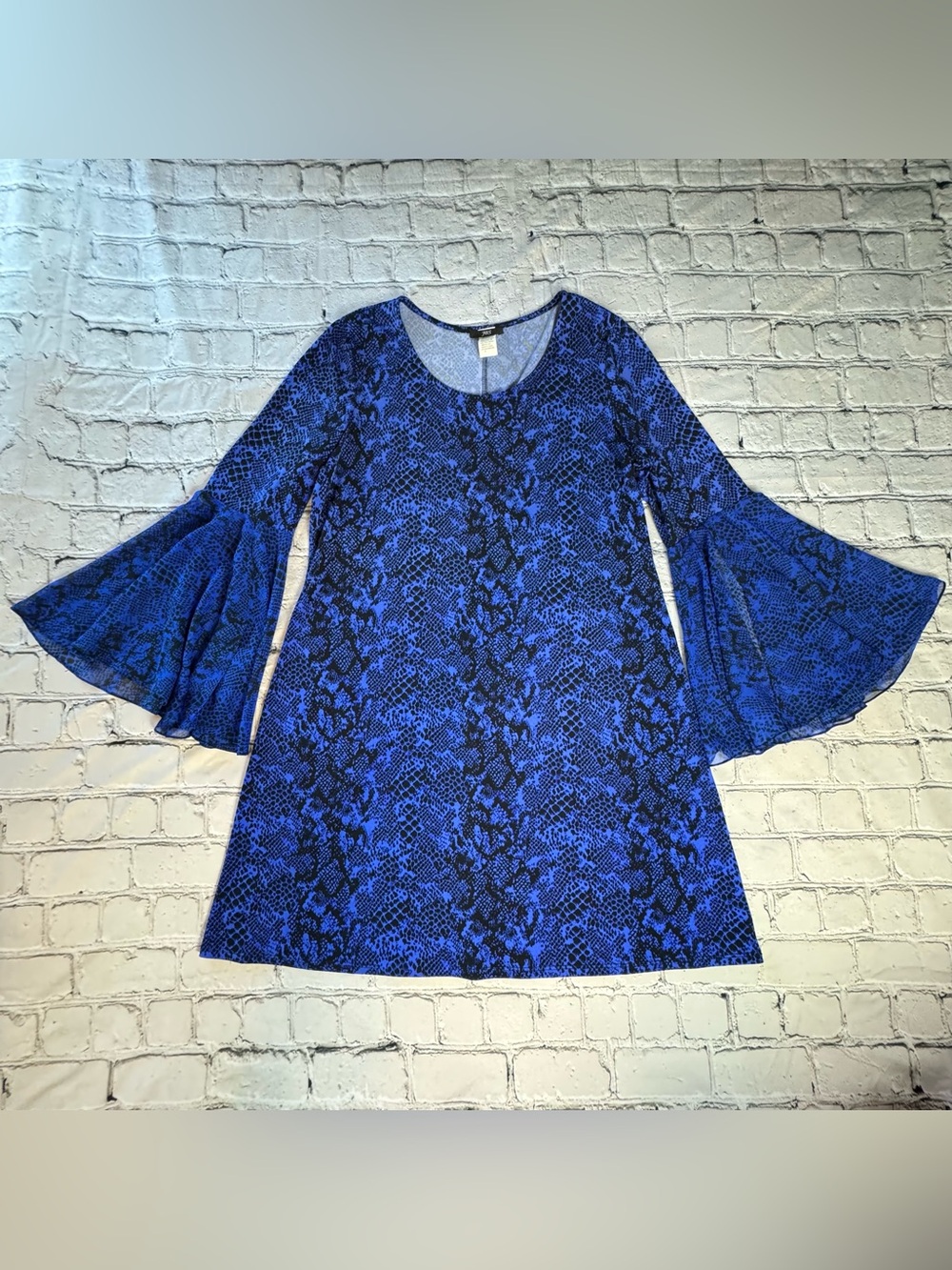Vtg 90s Y2K J.B.S. Blue Snake Print Shift Dress Long Sheer Bell Sleeves Size XL